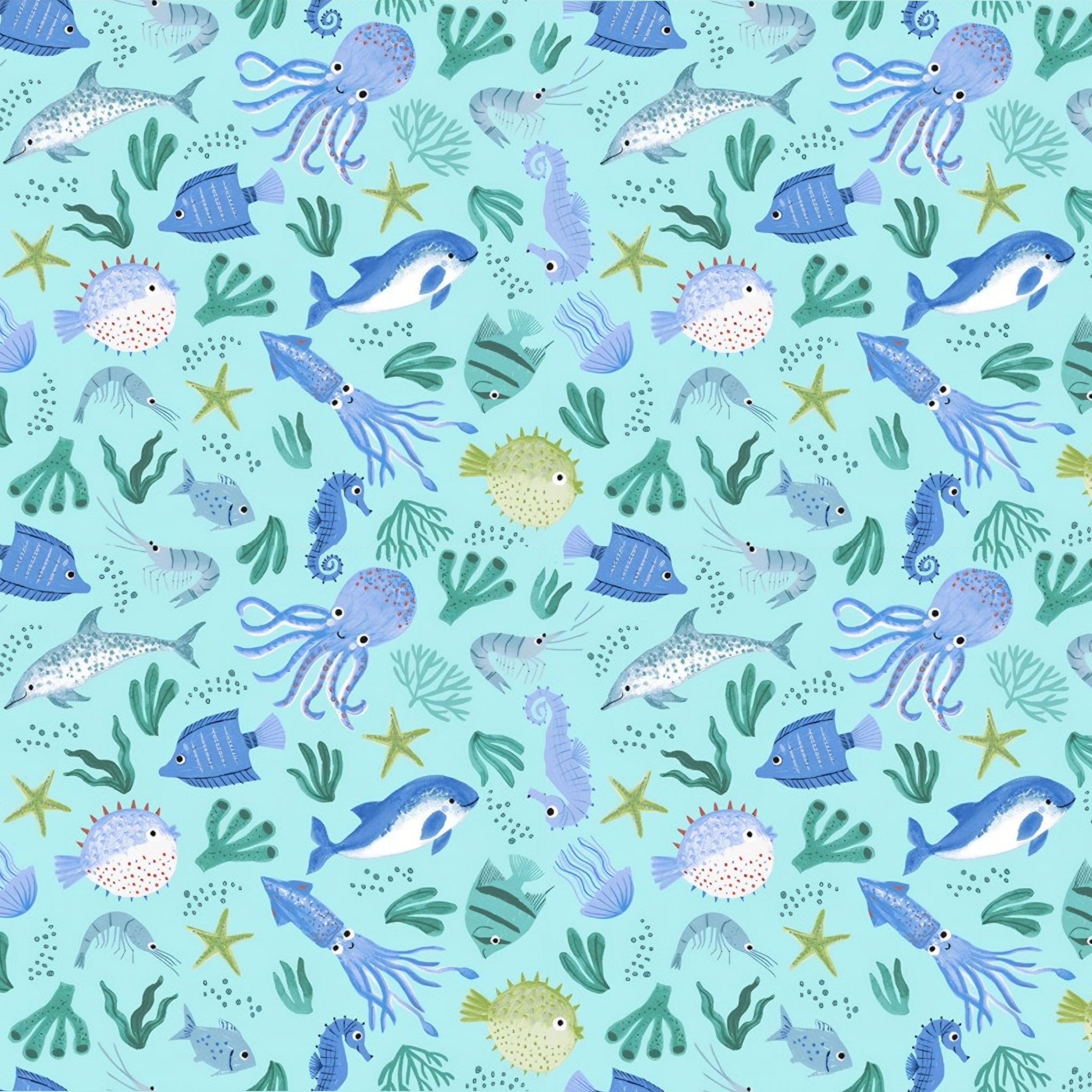 Octopus squid dolphins pufferfish seahorses shrimp tropical fish starfish seaweed aqua novelty quilting fabric kids boys beach ocean projects