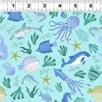 Octopus squid dolphins pufferfish seahorses shrimp tropical fish starfish seaweed aqua novelty quilting fabric kids boys beach ocean projects