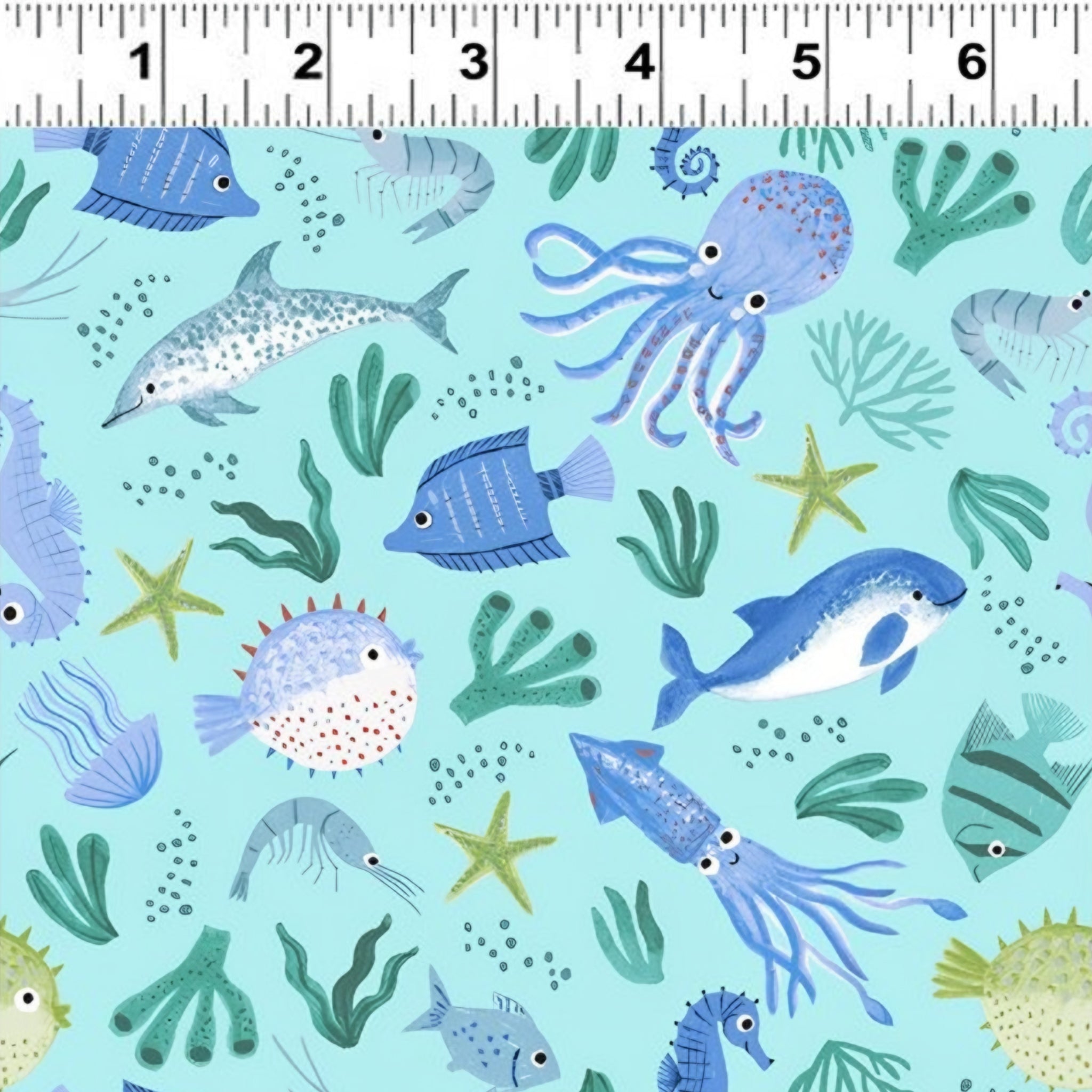 Octopus squid dolphins pufferfish seahorses shrimp tropical fish starfish seaweed aqua novelty quilting fabric kids boys beach ocean projects