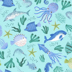 Octopus squid dolphins pufferfish seahorses shrimp tropical fish starfish seaweed aqua novelty quilting fabric kids boys beach ocean projects