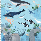 Oceans Away ocean scene panel whales orcas narwhals dolphins penguins puffins seals shipwreck sky blue Clothworks kids quilts wall hangings