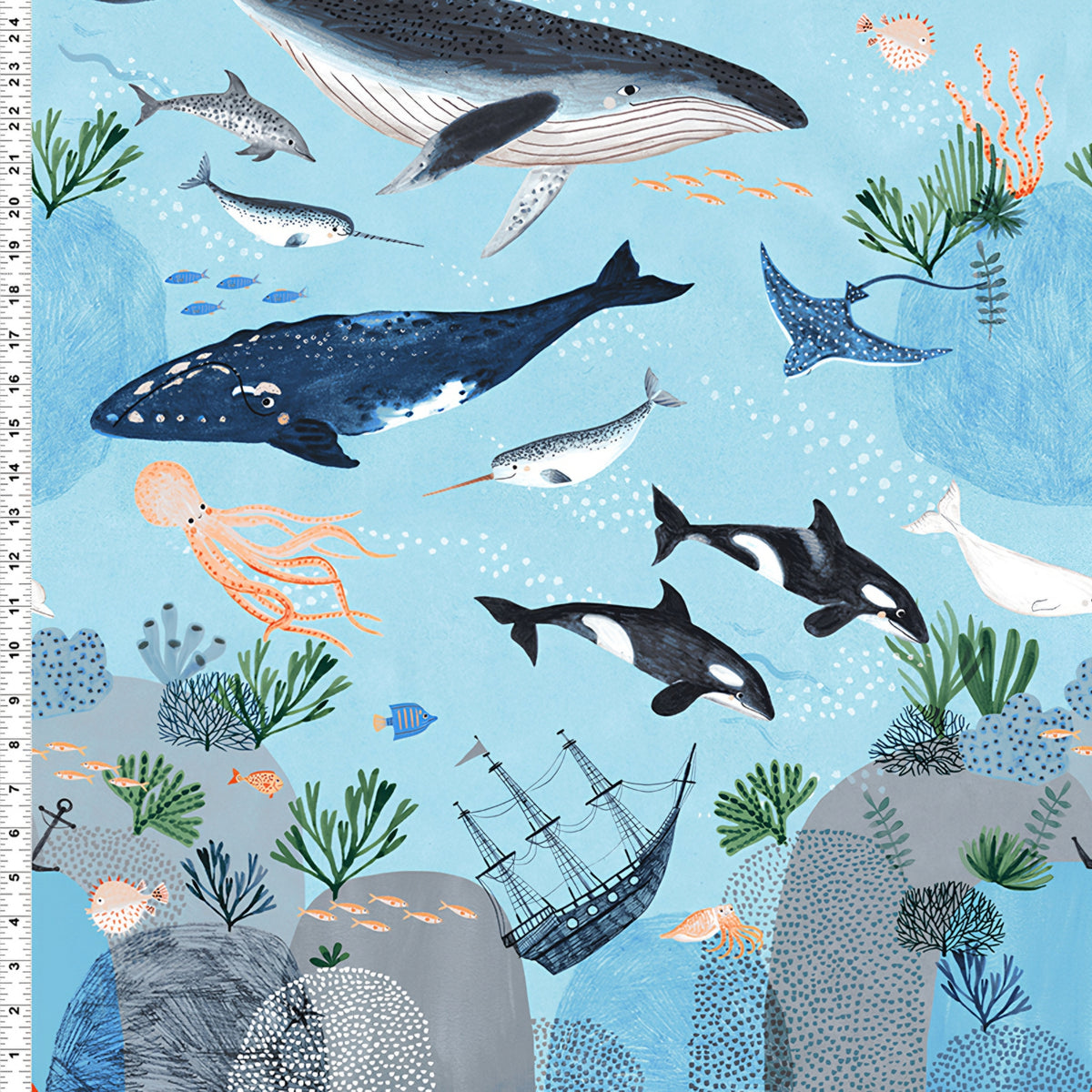 Oceans Away ocean scene panel whales orcas narwhals dolphins penguins puffins seals shipwreck sky blue Clothworks kids quilts wall hangings