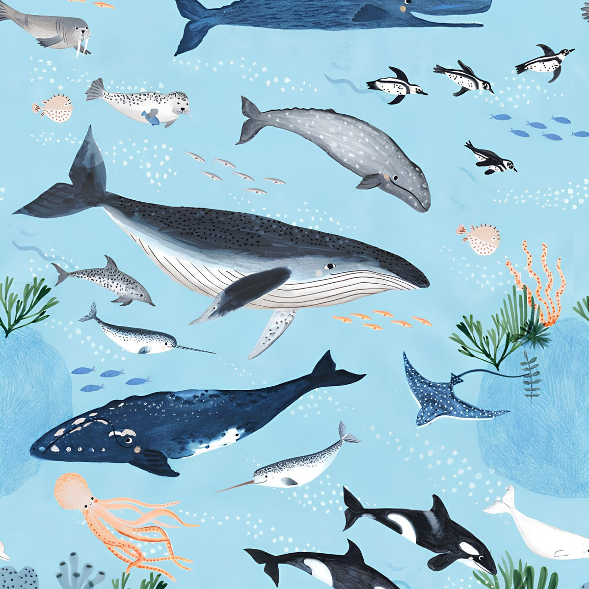 Oceans Away ocean scene panel closeup humpback whale orca narwhal manta ray octopus seaweed sky blue novelty quilting fabric