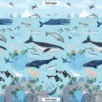 Oceans Away ocean scene panel full repeat whales orcas narwhals dolphins penguins seals shipwreck sky blue Clothworks