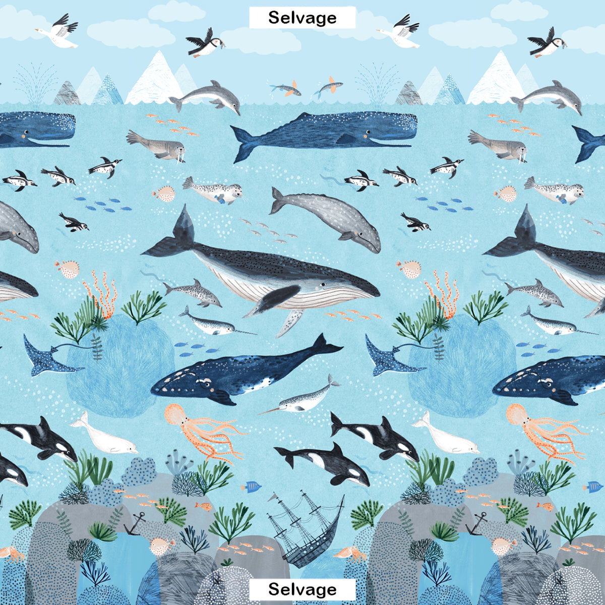 Oceans Away ocean scene panel full repeat whales orcas narwhals dolphins penguins seals shipwreck sky blue Clothworks