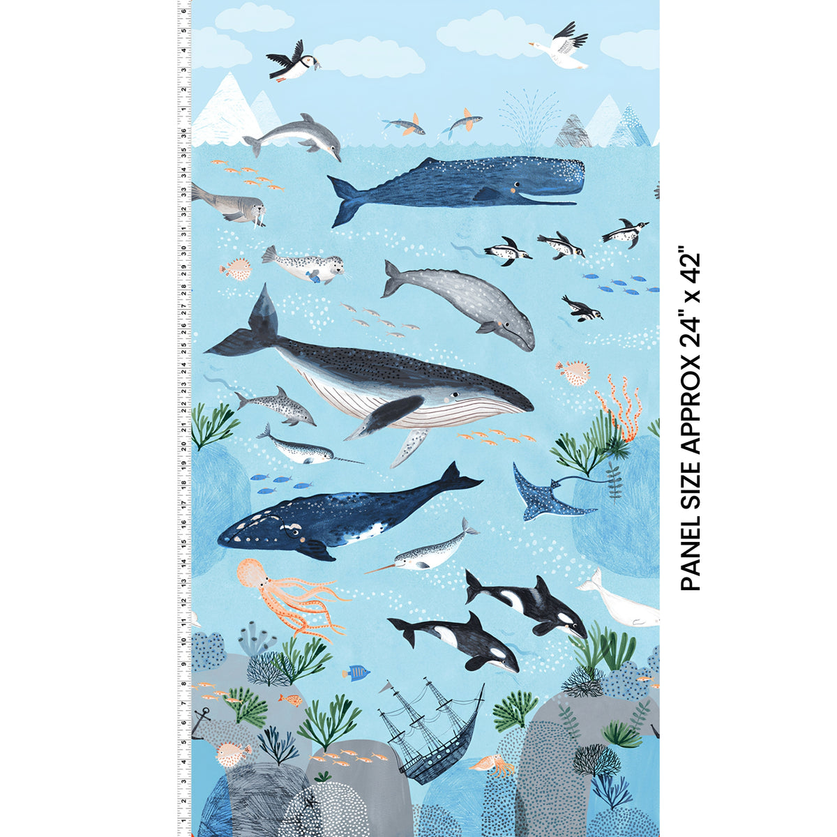 Oceans Away ocean scene panel whales orcas narwhals dolphins penguins puffins seals shipwreck sky blue Clothworks kids quilts wall hangings