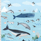 Oceans Away ocean scene panel top section sperm whale dolphins puffins icebergs sky blue novelty quilting fabric kids boys