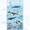 Oceans Away illustrated ocean scene panel whales orcas narwhals dolphins penguins puffins seals shipwreck sky blue kids quilts wall hangings