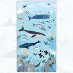 Oceans Away illustrated ocean scene panel whales orcas narwhals dolphins penguins puffins seals shipwreck sky blue kids quilts wall hangings