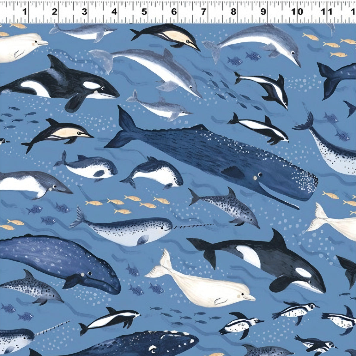 Orcas blue whales narwhals belugas dolphins penguins denim blue novelty quilting fabric boys ocean whale lovers marine gifts