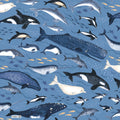 Orcas blue whales narwhals belugas dolphins penguins denim blue novelty quilting fabric boys ocean whale lovers marine gifts