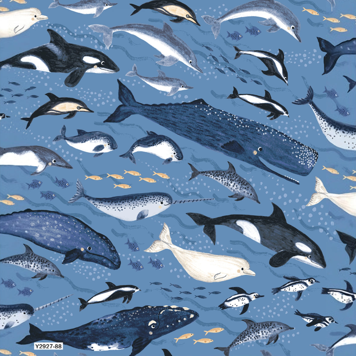 Orcas blue whales narwhals belugas dolphins penguins denim blue novelty quilting fabric boys ocean whale lovers marine gifts