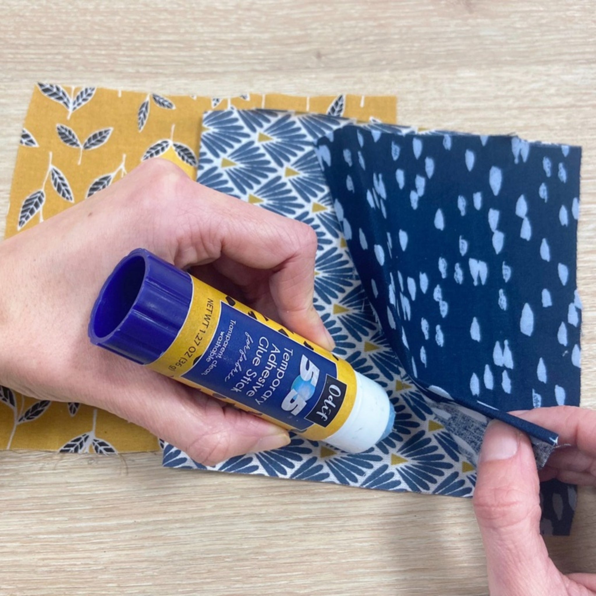 Odif 505 basting glue stick used on patchwork fabric pieces temporary adhesive quilting applique sewing