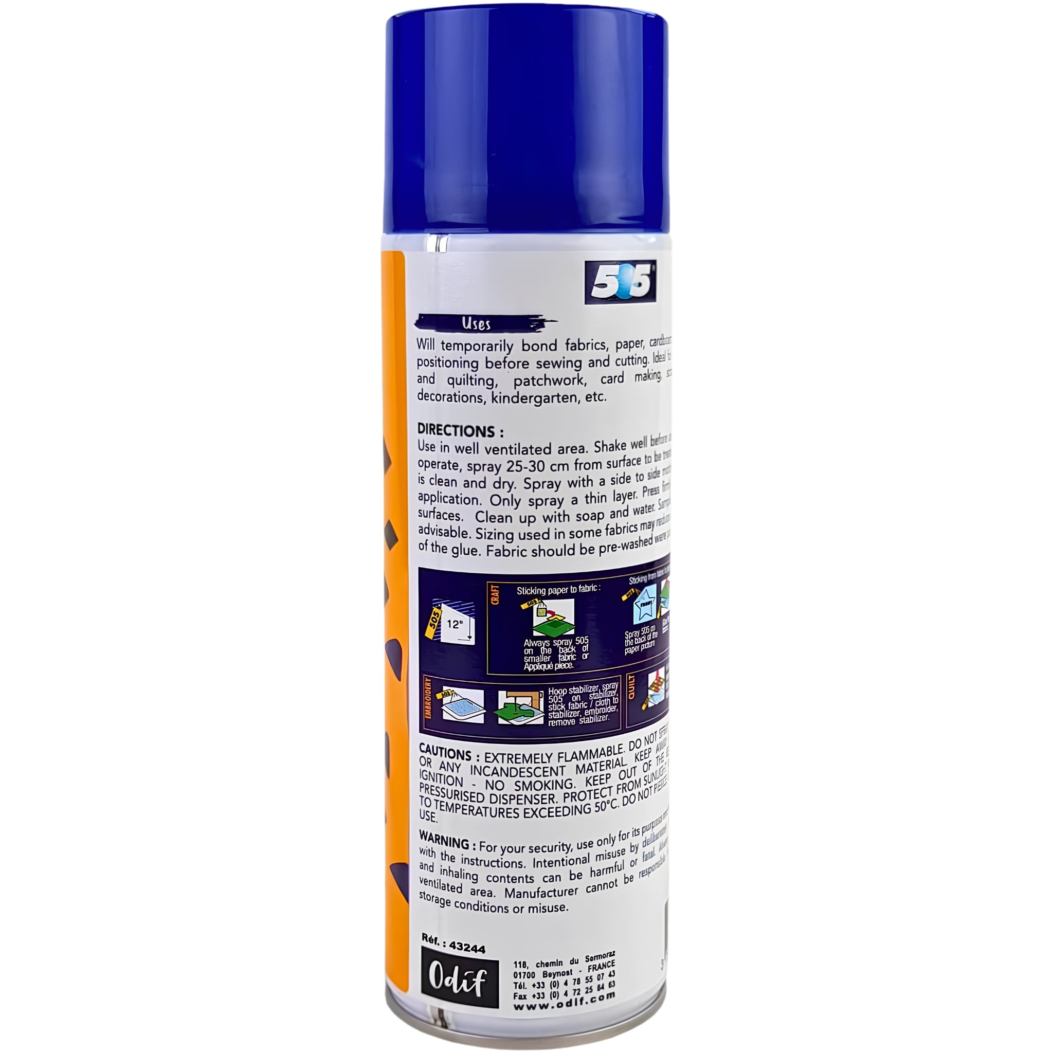 Odif 505 temporary basting spray 500ml back label usage instructions quilting appliqué embroidery hoop method