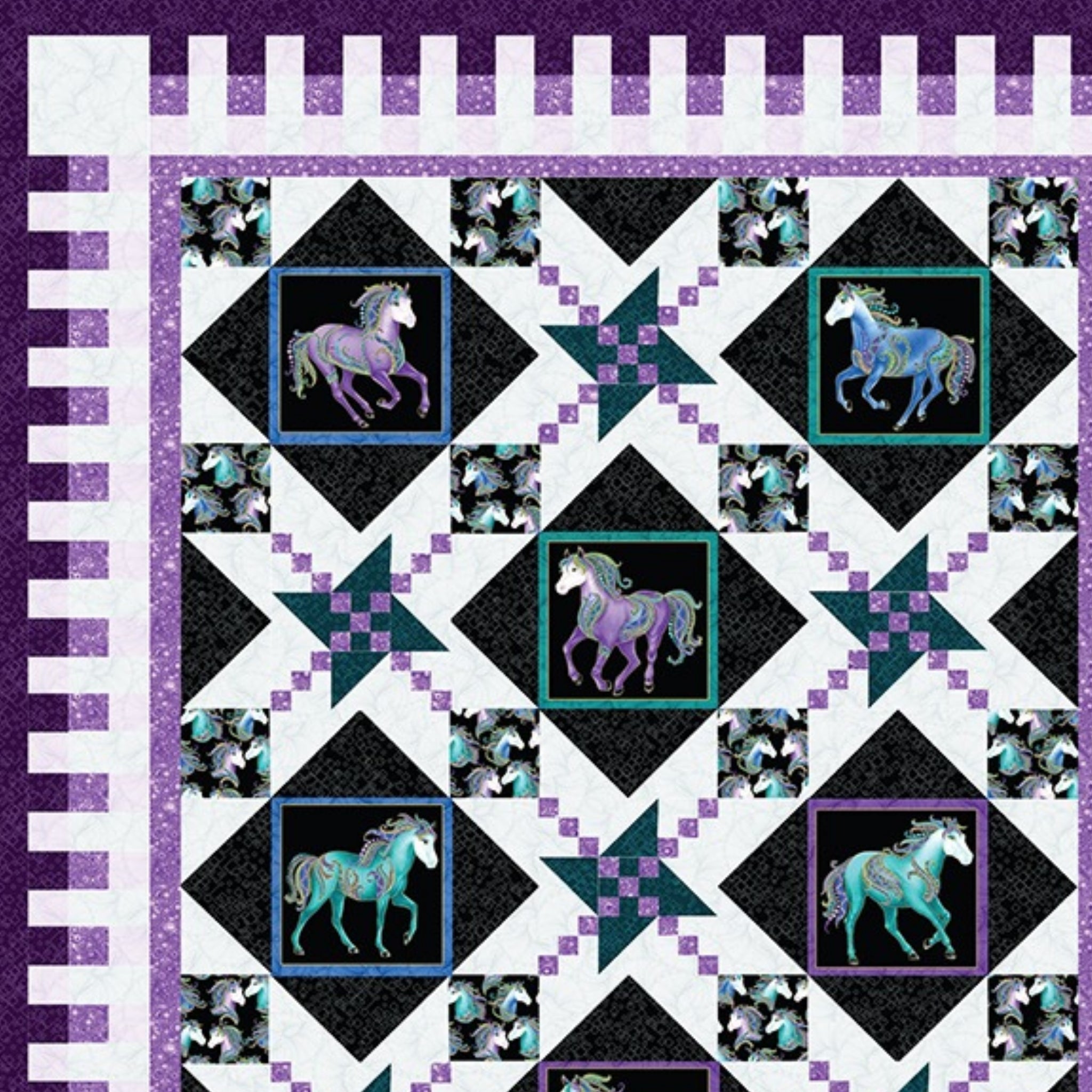 Oh My Stars quilt pattern with framed horses in large star blocks, in purple, black, and teal
