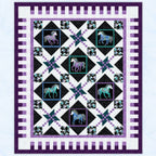Oh My Stars quilt pattern with framed horses in large star blocks, in purple, black, and teal