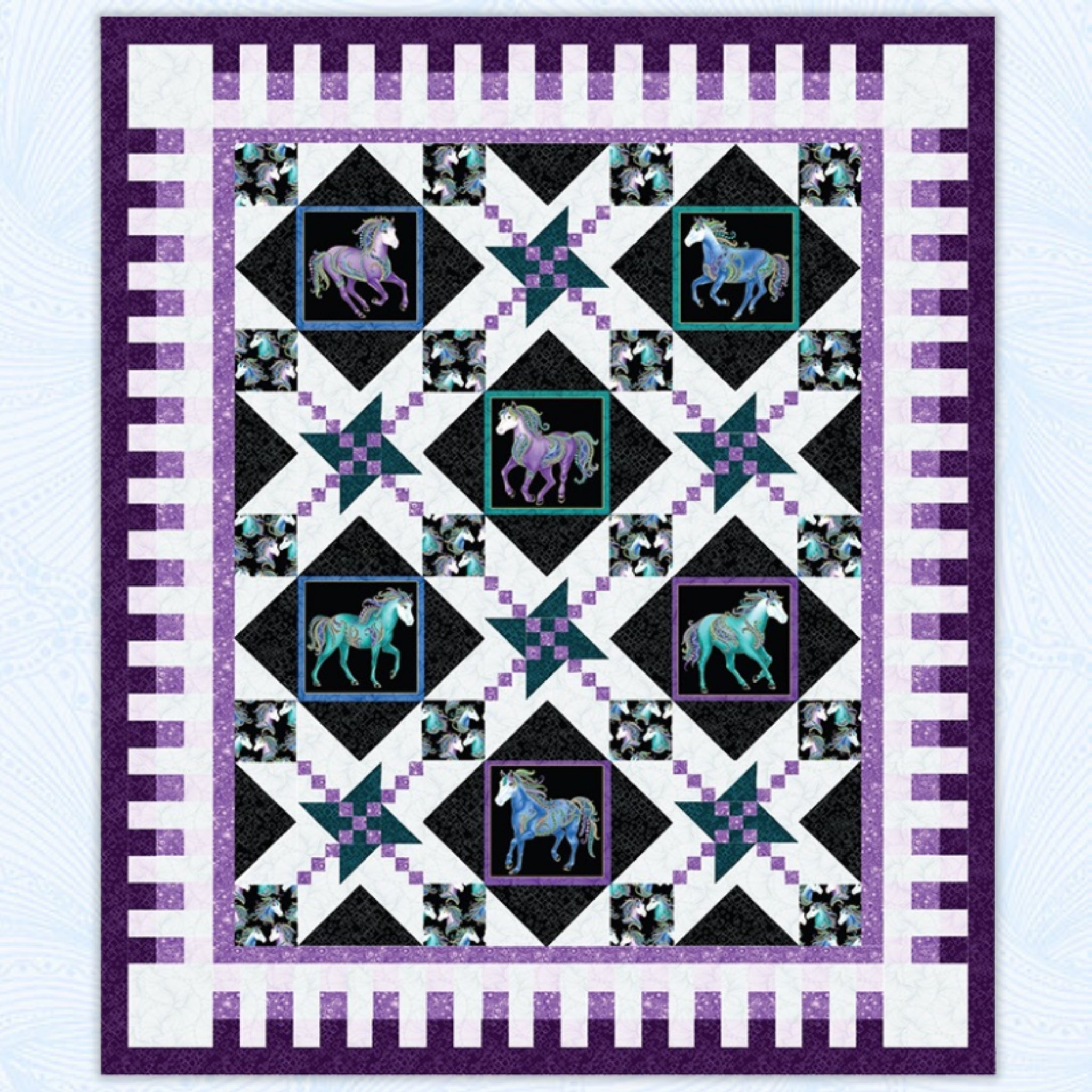 Oh My Stars quilt pattern with framed horses in large star blocks, in purple, black, and teal