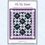 Oh My Stars quilt pattern with framed horses in large star blocks, in purple, black, and teal