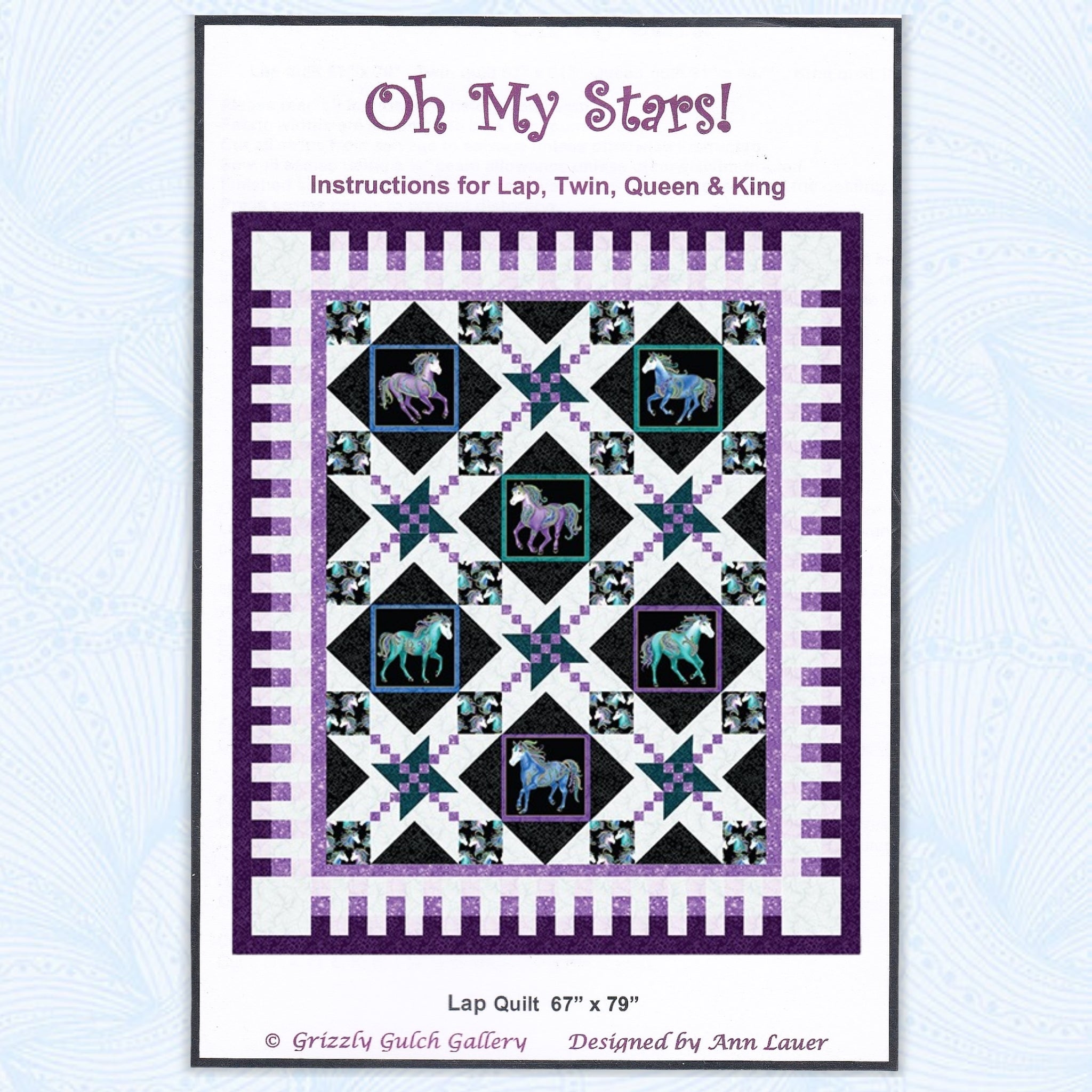 Oh My Stars quilt pattern with framed horses in large star blocks, in purple, black, and teal