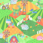 Farm animals cows sheep pigs horses roosters on green orange hills with barns windmills tractors kids novelty fabric for children's quilts and nursery décor