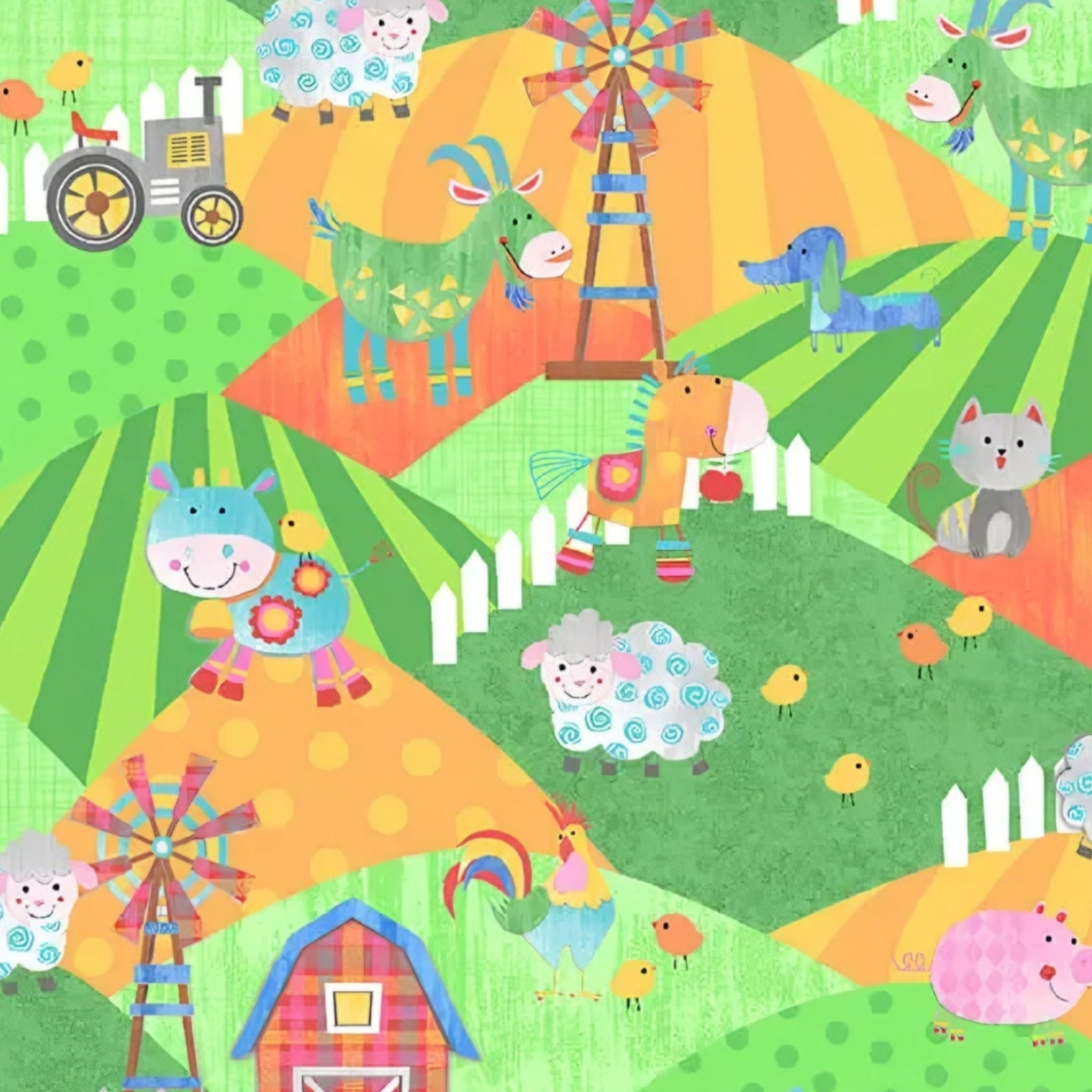 Farm animals cows sheep pigs horses roosters on green orange hills with barns windmills tractors kids novelty fabric for children's quilts and nursery décor