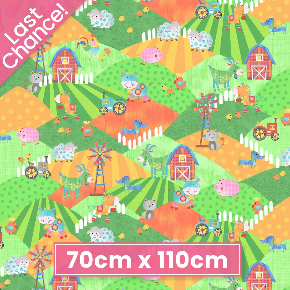 Farm animals cows sheep pigs horses roosters on green orange hills with barns windmills tractors kids novelty fabric for children's quilts and nursery décor