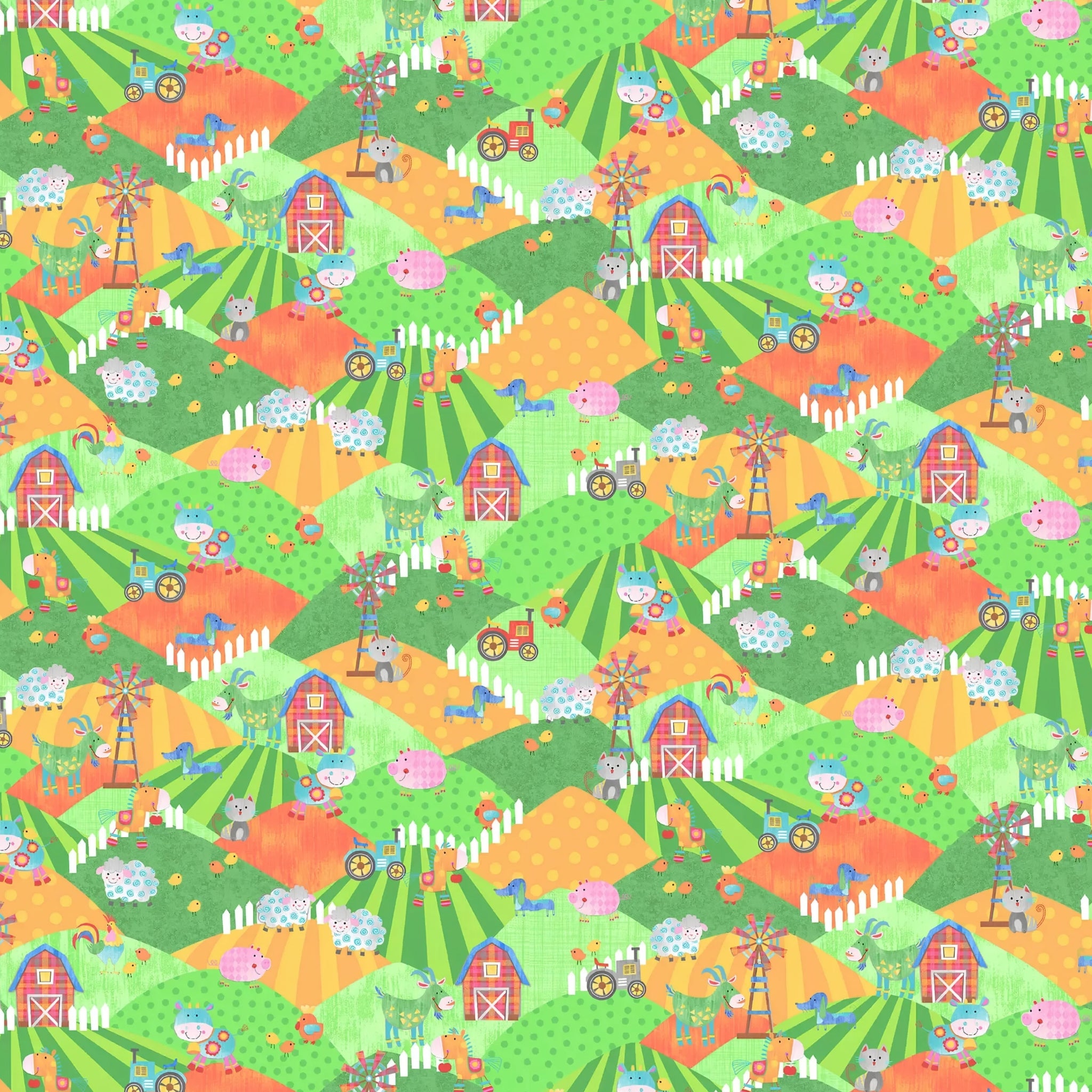 Farm animals cows sheep pigs horses roosters on green orange hills with barns windmills tractors kids novelty fabric for children's quilts and nursery décor