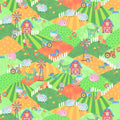 Farm animals cows sheep pigs horses roosters on green orange hills with barns windmills tractors kids novelty fabric for children's quilts and nursery décor
