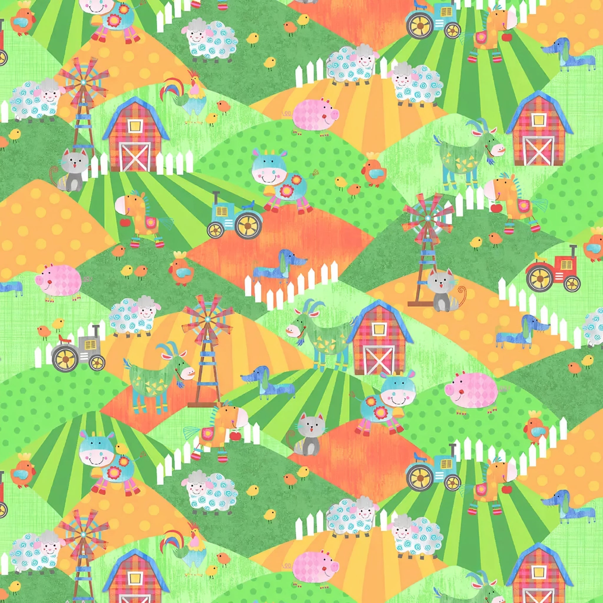 Farm animals cows sheep pigs horses roosters on green orange hills with barns windmills tractors kids novelty fabric for children's quilts and nursery décor