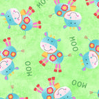Cute tossed cows MOO text lime green kids novelty farm fabric for children's quilts baby quilts and nursery décor