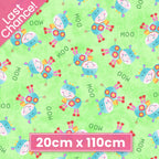 Cute tossed cows MOO text lime green kids novelty farm fabric for children's quilts baby quilts and nursery décor