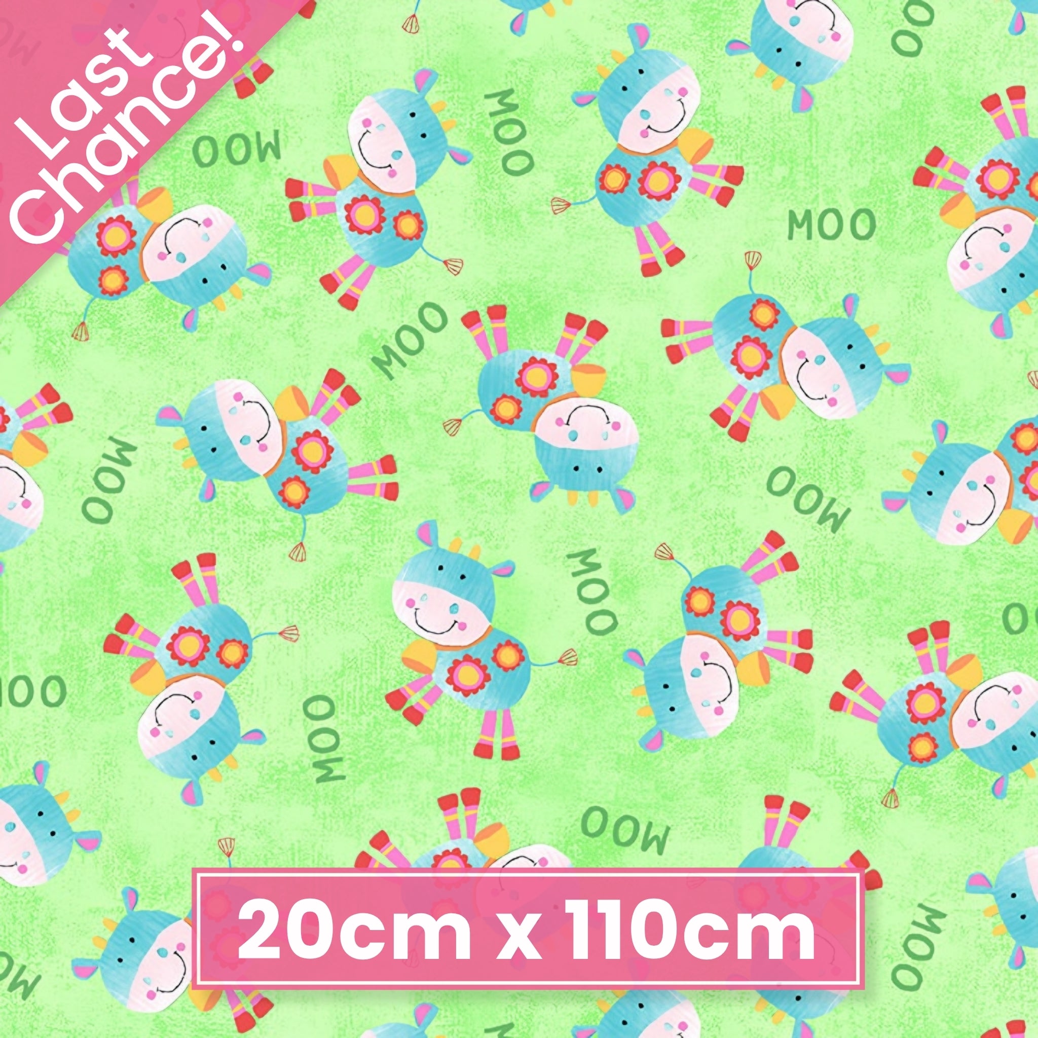 Cute tossed cows MOO text lime green kids novelty farm fabric for children's quilts baby quilts and nursery décor