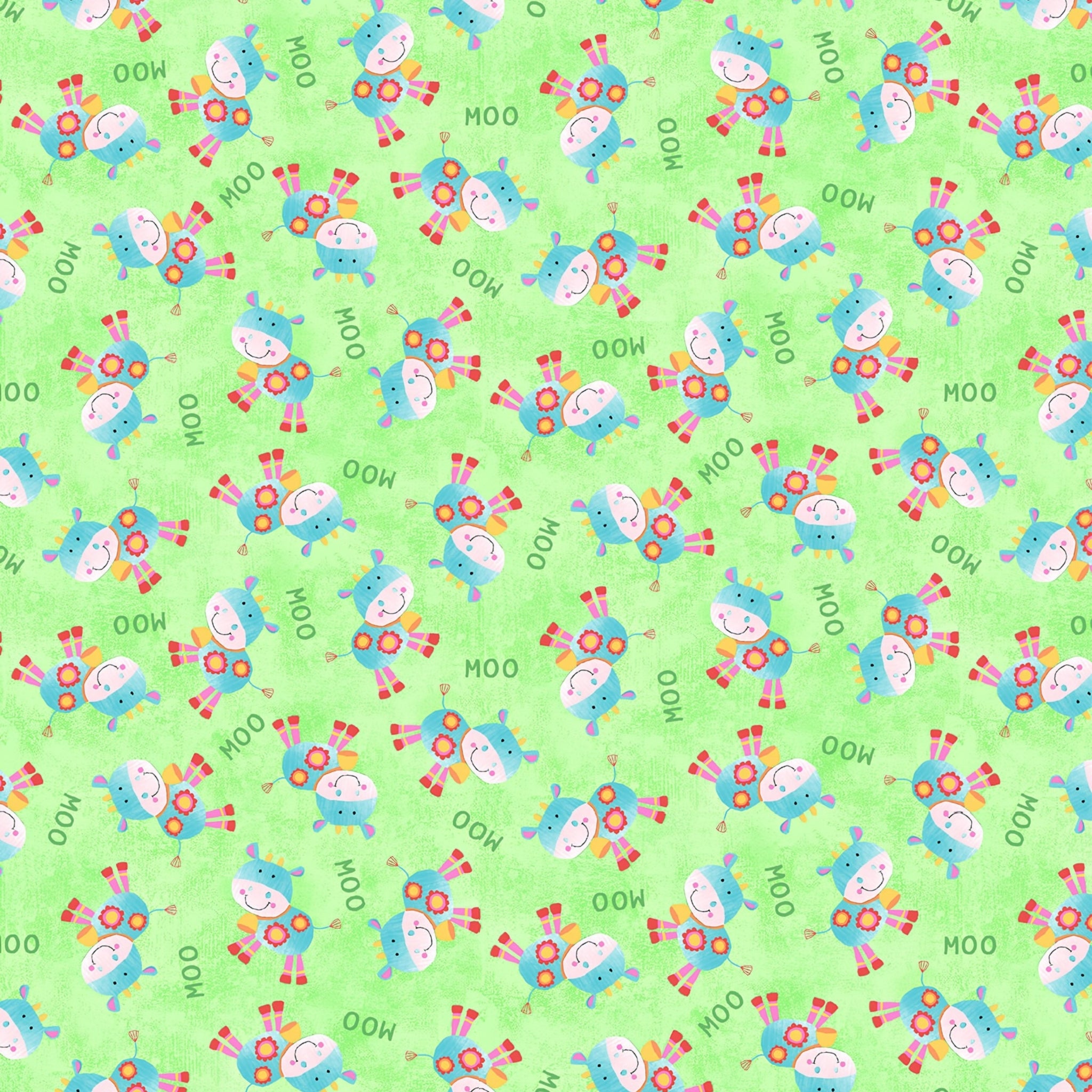 Cute tossed cows MOO text lime green kids novelty farm fabric for children's quilts baby quilts and nursery décor