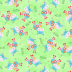 Cute tossed cows MOO text lime green kids novelty farm fabric for children's quilts baby quilts and nursery décor