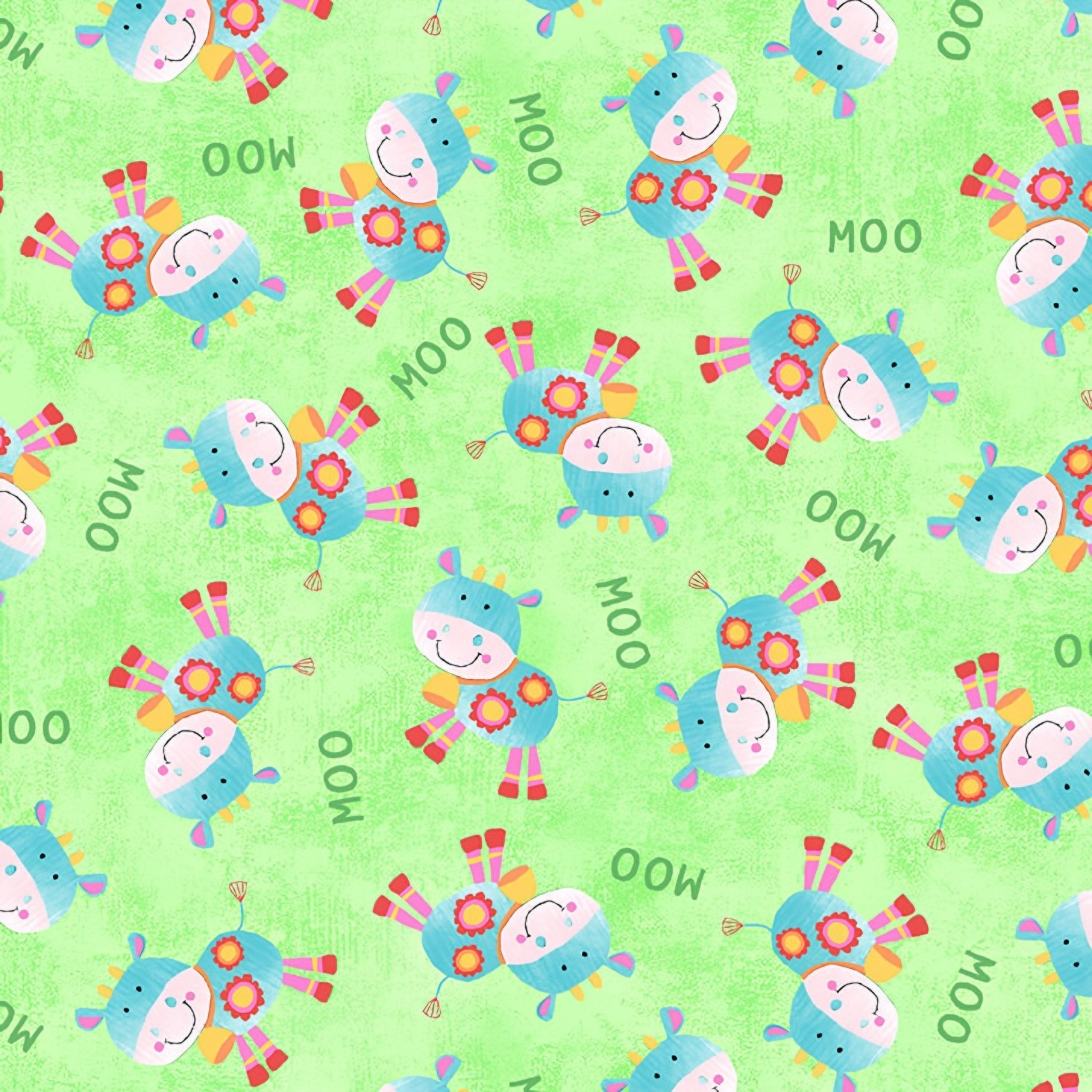 Cute tossed cows MOO text lime green kids novelty farm fabric for children's quilts baby quilts and nursery décor