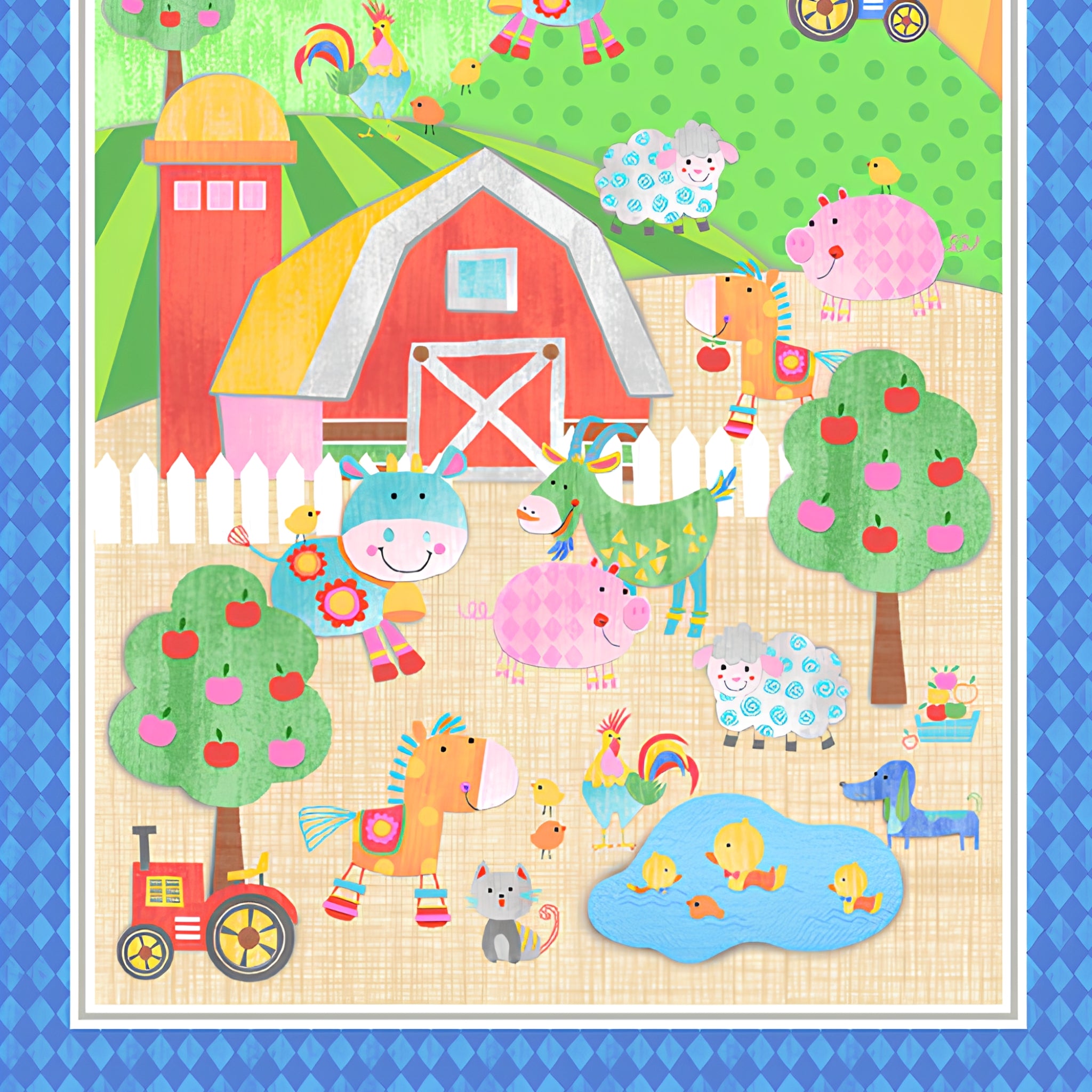 Bright farm scene panel cows pigs sheep horses roosters green kids novelty fabric for children's quilts baby quilts and nursery décor