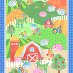 Bright farm scene panel cows pigs sheep horses roosters green kids novelty fabric for children's quilts baby quilts and nursery décor