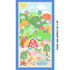 Bright farm scene panel cows pigs sheep horses roosters green kids novelty fabric for children's quilts baby quilts and nursery décor