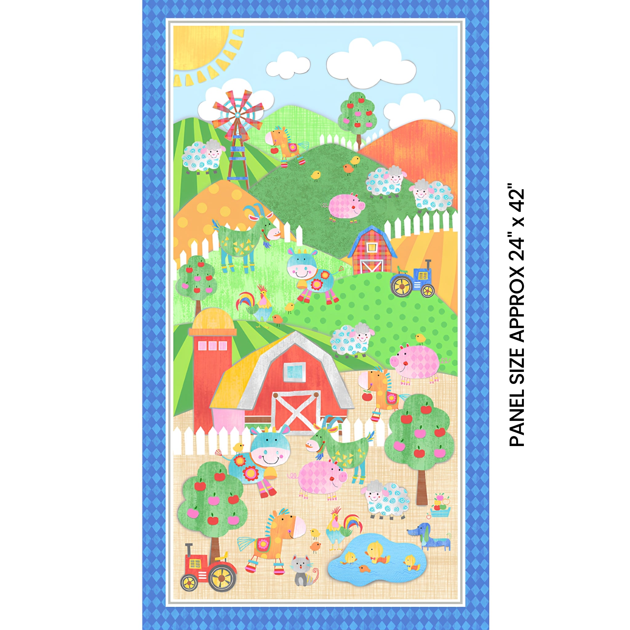 Bright farm scene panel cows pigs sheep horses roosters green kids novelty fabric for children's quilts baby quilts and nursery décor