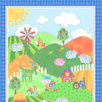 Bright farm scene panel cows pigs sheep horses roosters green kids novelty fabric for children's quilts baby quilts and nursery décor