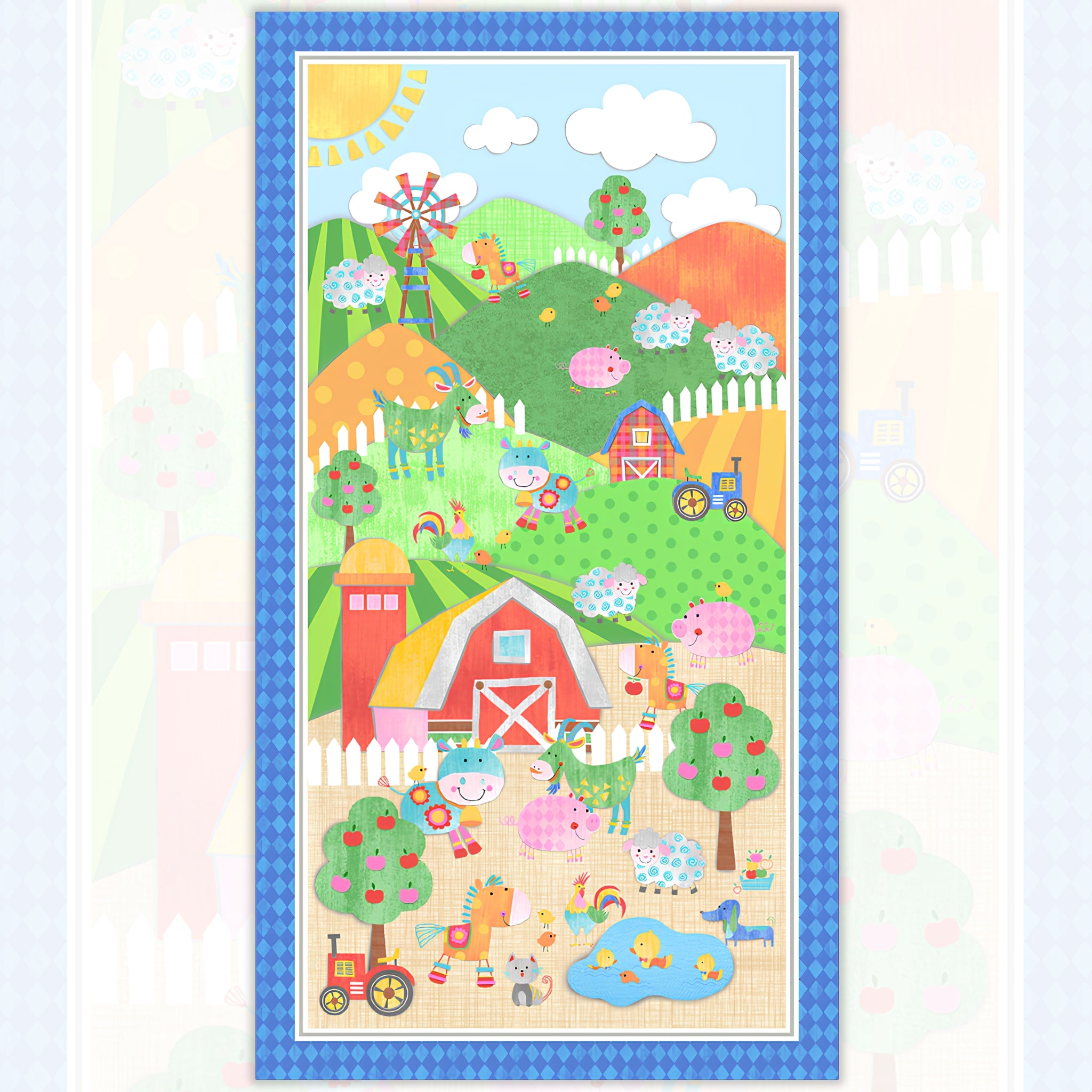 Bright farm scene panel cows pigs sheep horses roosters green kids novelty fabric for children's quilts baby quilts and nursery décor