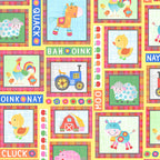 Colourful farm animal patch squares cows pigs sheep horses roosters ducks tractors barns farm sounds yellow kids novelty fabric for children's quilts and nursery décor