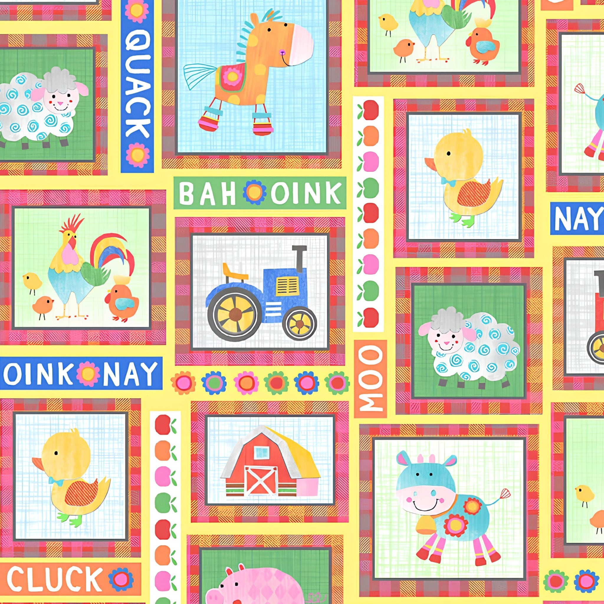 Colourful farm animal patch squares cows pigs sheep horses roosters ducks tractors barns farm sounds yellow kids novelty fabric for children's quilts and nursery décor
