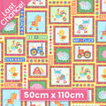 Colourful farm animal patch squares cows pigs sheep horses roosters ducks tractors barns farm sounds yellow kids novelty fabric for children's quilts and nursery décor
