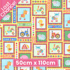 Colourful farm animal patch squares cows pigs sheep horses roosters ducks tractors barns farm sounds yellow kids novelty fabric for children's quilts and nursery décor