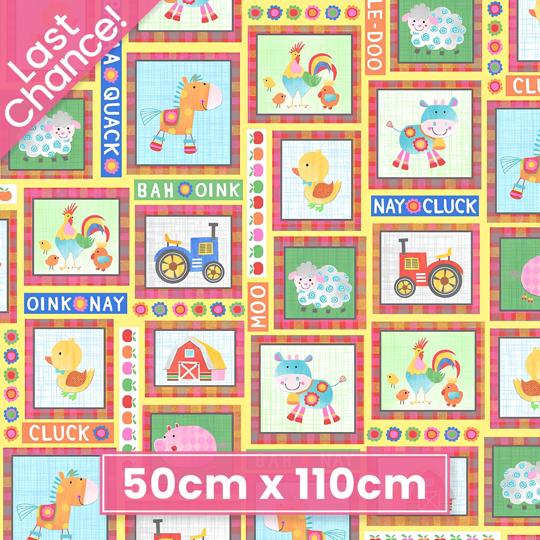 Colourful farm animal patch squares cows pigs sheep horses roosters ducks tractors barns farm sounds yellow kids novelty fabric for children's quilts and nursery décor