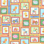Colourful farm animal patch squares cows pigs sheep horses roosters ducks tractors barns farm sounds yellow kids novelty fabric for children's quilts and nursery décor