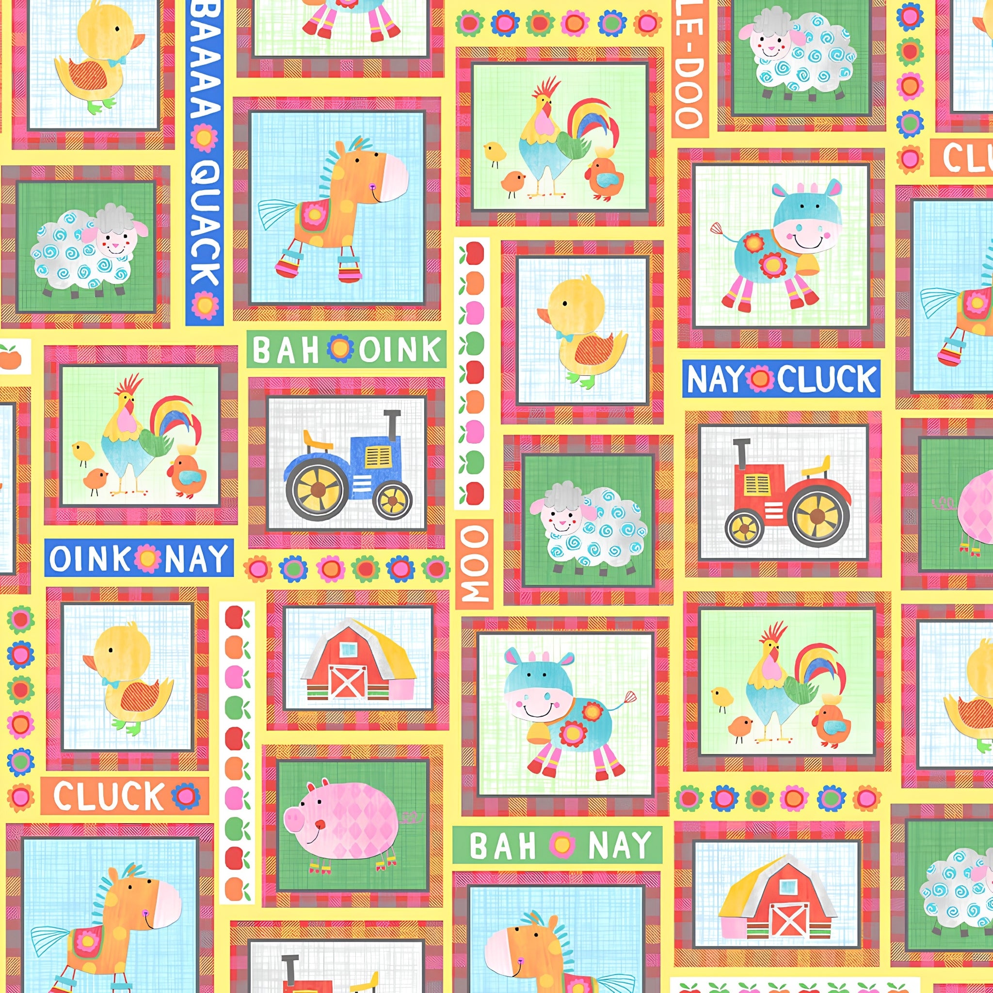Colourful farm animal patch squares cows pigs sheep horses roosters ducks tractors barns farm sounds yellow kids novelty fabric for children's quilts and nursery décor