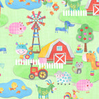 Busy farm scene barns windmills tractors horses cows goats sheep pigs roosters chicks cats dogs soft green kids novelty fabric for children's quilts nursery décor and wall hangings