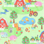 Busy farm scene barns windmills tractors horses cows goats sheep pigs roosters chicks cats dogs soft green kids novelty fabric for children's quilts nursery décor and wall hangings